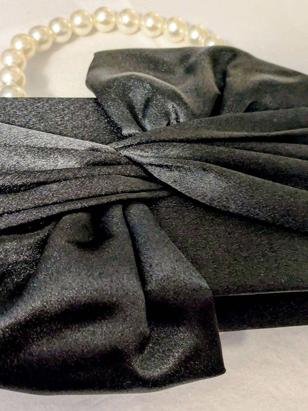 Elegant Black Satin Clutch with Pearl Handle with Silver Chain - Picture 7 of 8